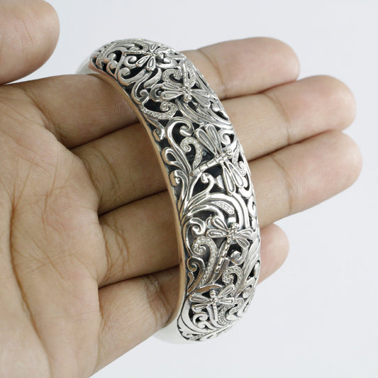 cuff bangle 925 sterling silver decorated with white zirconia in beautiful open work filigree ornament and dragonfly