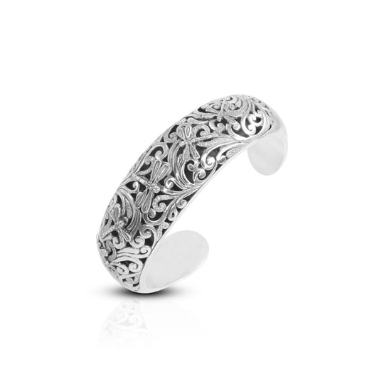 cuff bangle 925 sterling silver decorated with white zirconia in beautiful open work filigree ornament and dragonfly