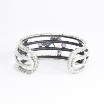 amethyst cuff bangle bracelet 925 sterling silver decorated with dragonfly filigree and 18K yellow gold