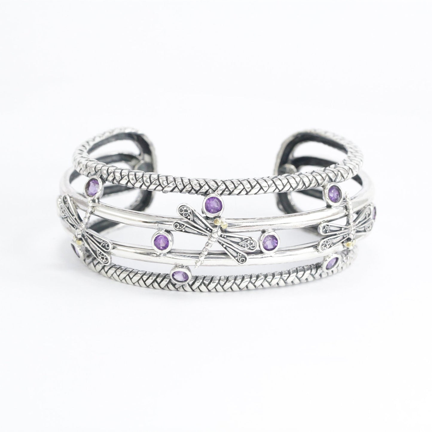 amethyst cuff bangle bracelet 925 sterling silver decorated with dragonfly filigree and 18K yellow gold