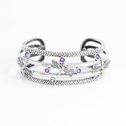 amethyst cuff bangle bracelet 925 sterling silver decorated with dragonfly filigree and 18K yellow gold