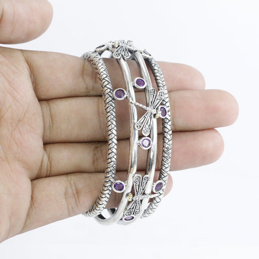 amethyst cuff bangle bracelet 925 sterling silver decorated with dragonfly filigree and 18K yellow gold