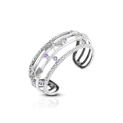 amethyst cuff bangle bracelet 925 sterling silver decorated with dragonfly filigree and 18K yellow gold