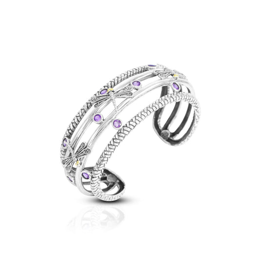amethyst cuff bangle bracelet 925 sterling silver decorated with dragonfly filigree and 18K yellow gold