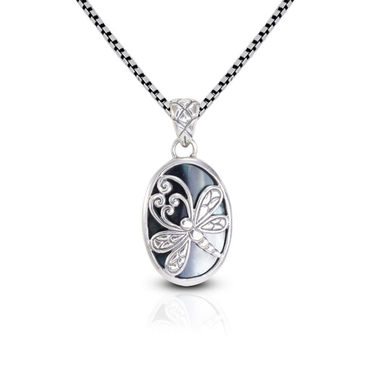 oval pendant necklace 925 sterling silver with genuine black shell decorated with dragonfly ornament