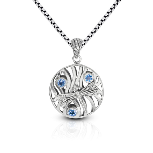 Blue topaz pendant necklace 925 sterling silver with dragonfly ornament and wave style
