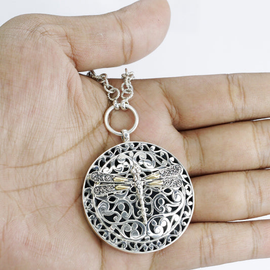 Dragonfly pendant in 925 sterling silver and 18 yellow gold decorated with beautiful open work filigree