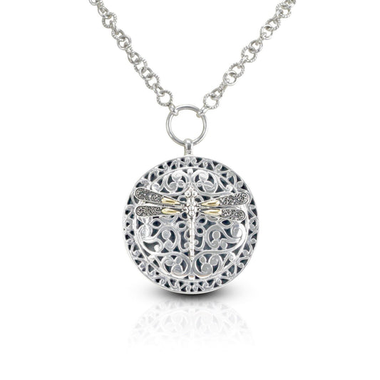 Dragonfly pendant in 925 sterling silver and 18 yellow gold decorated with beautiful open work filigree