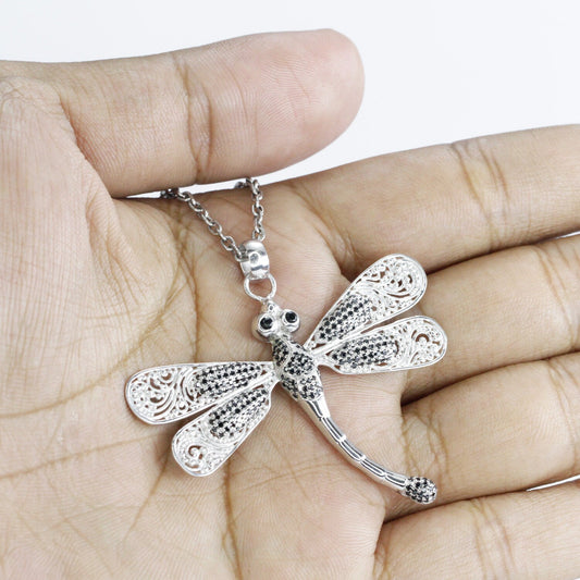 Dragonfly pendant necklace 925 sterling silver with genuine ruby and black zircon decorated with open work filigree