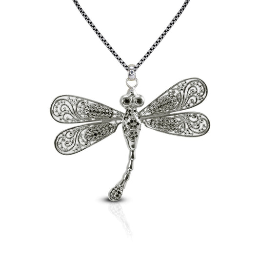 Dragonfly pendant necklace 925 sterling silver with genuine ruby and black zircon decorated with open work filigree