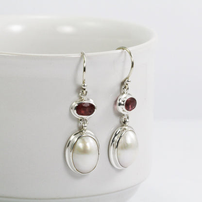 oval pearl earrings with natural pink tourmaline set in 925 sterling silver double bezel set