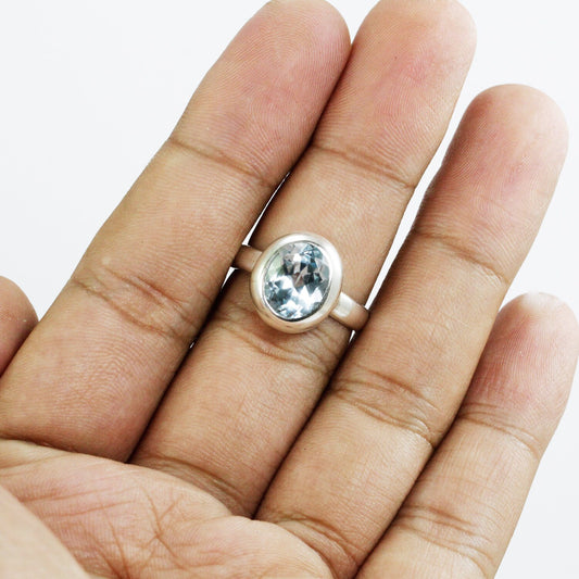 Blue topaz ring wide bezel set 925 sterling silver oval shape handmade