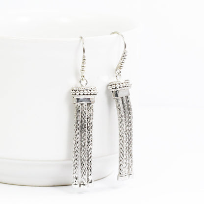 Chain earrings dangle drop 925 sterling silver with foxtail chain and dot ornament