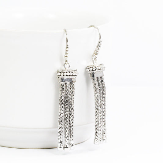 Chain earrings dangle drop 925 sterling silver with foxtail chain and dot ornament