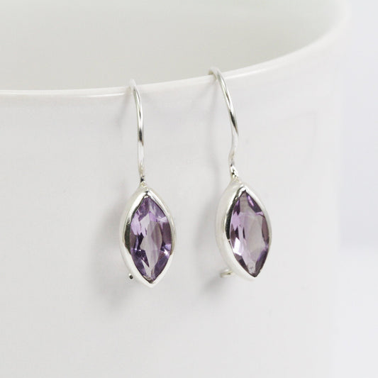 marquise Amethyst Earrings bezel set in  dangle 925 sterling silver with safety kidney lock