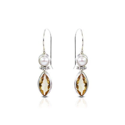 citrine earrings 925 sterling silver dangle with genuine freshwater pearl