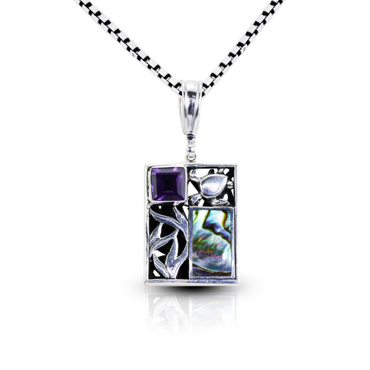 turtle and Sealife Pendant Necklace 925 sterling silver with genuine amethyst and abalone shell