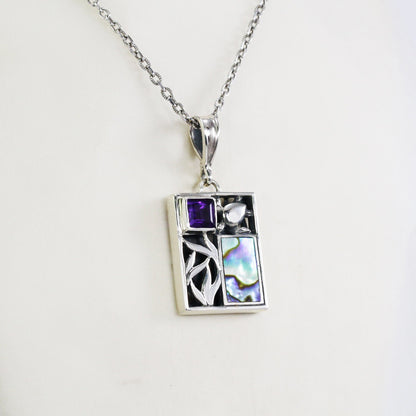 turtle and Sealife Pendant Necklace 925 sterling silver with genuine amethyst and abalone shell