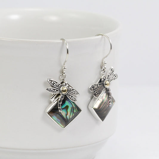 dragonfly earrings 925 sterling silver with 18K gold and natural abalone shell