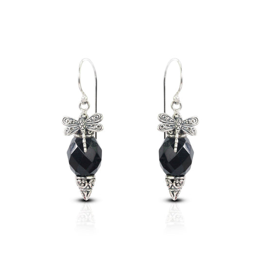 Black onyx earrings dangle drop set in 925 sterling silver decorated with dragonfly ornament