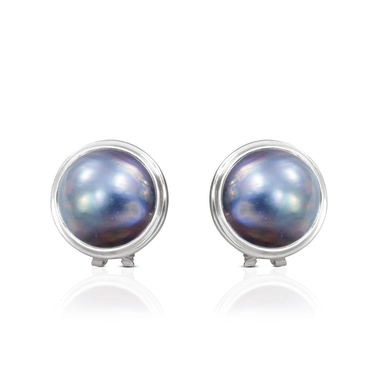 Blue Mabe Stud Earring set in Double Bezel Handmade 925 Sterling Silver with Omega Closure