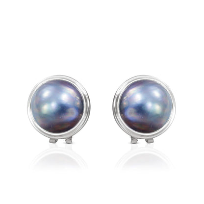 Blue Mabe Stud Earring set in Double Bezel Handmade 925 Sterling Silver with Omega Closure