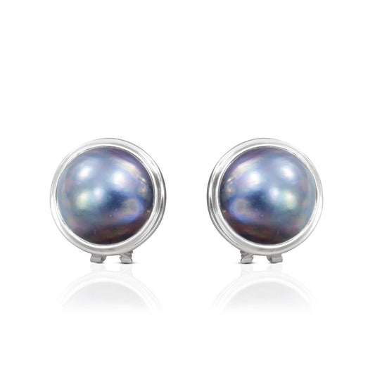 Blue Mabe Stud Earring set in Double Bezel Handmade 925 Sterling Silver with Omega Closure