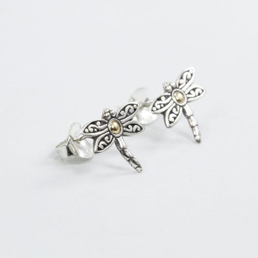dragonfly earrings stud 925 sterling silver and 18K gold decorated with swirl filigree ornament