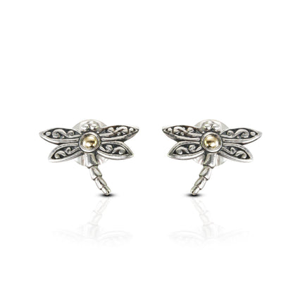 dragonfly earrings stud 925 sterling silver and 18K gold decorated with swirl filigree ornament