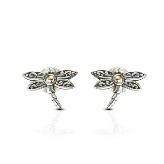 dragonfly earrings stud 925 sterling silver and 18K gold decorated with swirl filigree ornament