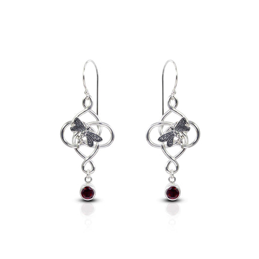 red garnet earrings dangle 925 sterling silver with Celtic rope handmade and dragonfly ornament