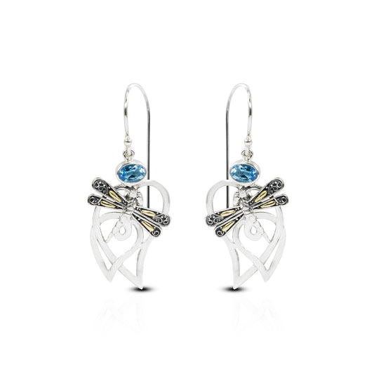heart shape earrings dangle 925 sterling silver and 18K yellow gold dragonfly ornament with genuine Blue Topaz