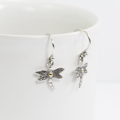 dragonfly earrings 925 sterling silver decorated with swirl filigree ornament and 18 K gold layer