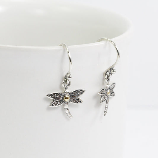 dragonfly earrings 925 sterling silver decorated with swirl filigree ornament and 18 K gold layer