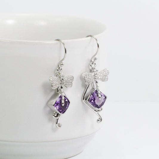 amethyst earrings dangle 925 sterling silver with dragonfly ornament and white stone microsettings