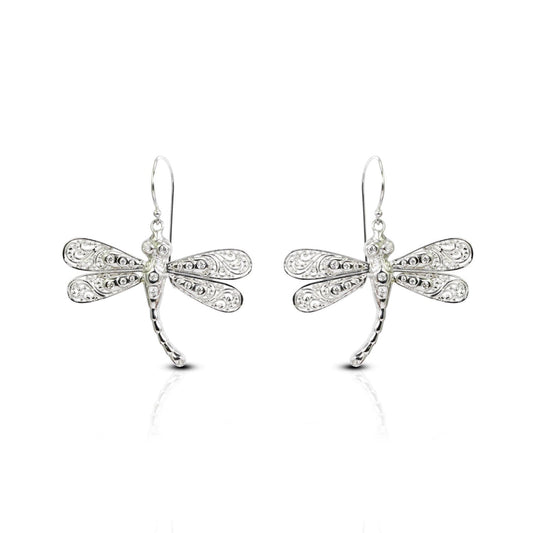 dragonfly earrings dangle 925 sterling silver with filigree ornament and genuine white topaz
