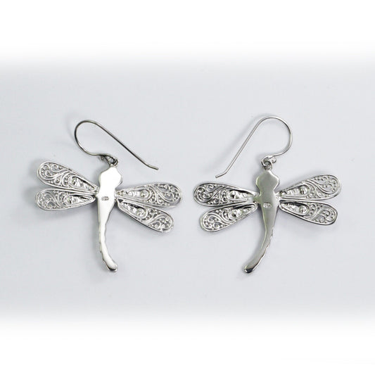 dragonfly earrings dangle 925 sterling silver with filigree ornament and genuine white topaz