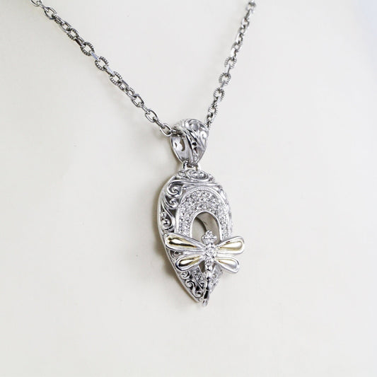 dragonfly pendant necklace 925 sterling silver decorated with 18K yellow gold decorated with filigree ornament and white topaz