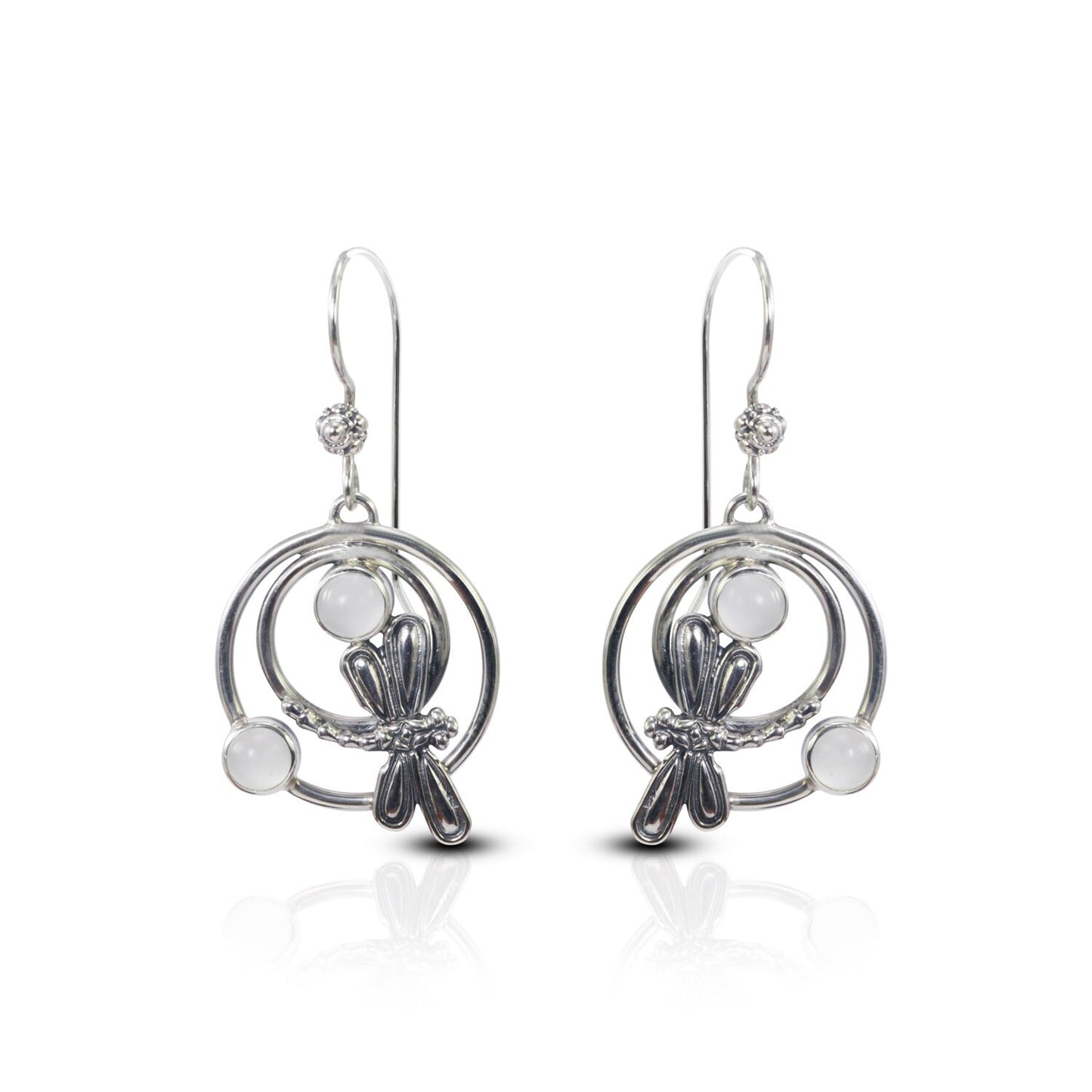 Moonstone earrings set in 925 sterling silver decorated with dragonfly ornament