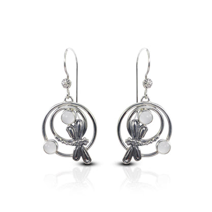 Moonstone earrings set in 925 sterling silver decorated with dragonfly ornament