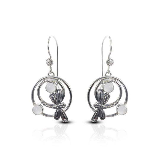 Moonstone earrings set in 925 sterling silver decorated with dragonfly ornament