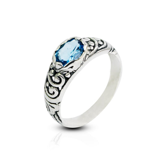 blue topaz ring 925 sterling silver decorated with filigree ornament