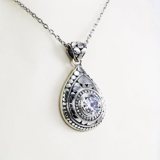 white stone pendant necklace 925 sterling silver with dot ornament-tear drop shape