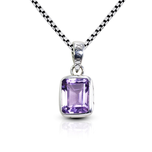Amethyst Pendant Necklace octagon bezel set 925 sterling silver, February birthstone necklace
