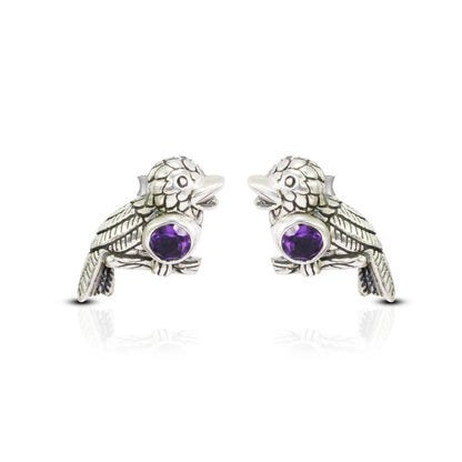 bird earrings stud 925 sterling silver with genuine amethyst