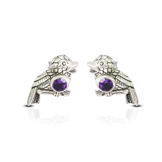 bird earrings stud 925 sterling silver with genuine amethyst