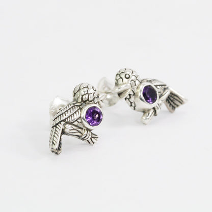 bird earrings stud 925 sterling silver with genuine amethyst