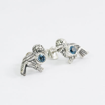 bird earrings stud 925 sterling silver with genuine blue topaz