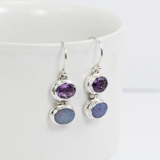 opal earrings 925 sterling silver with genuine Brazilian amethyst, two stones earrings dangle