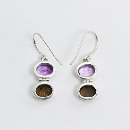 opal earrings 925 sterling silver with genuine Brazilian amethyst, two stones earrings dangle